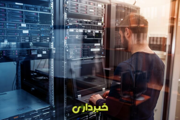 network engineer working in server room